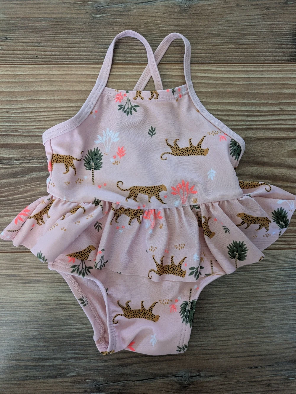 Old Navy Baby Girl 1 Pc Cross Back Pink Leopard Tropical Swimsuit UPF 50 0-3 M
